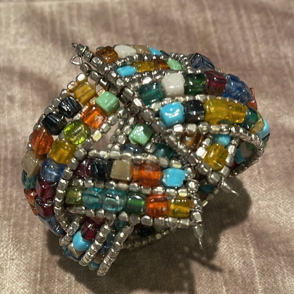 Glass Beaded Cuff Bracelet multicolored 6.5-8.5” - Picture 5 of 6